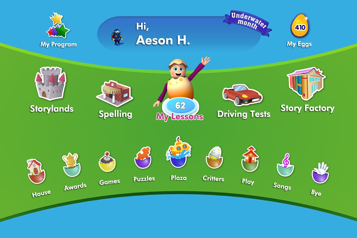 The student dashboard within Reading Eggs displaying the different learning areas that focus on building specific reading and literacy skills.