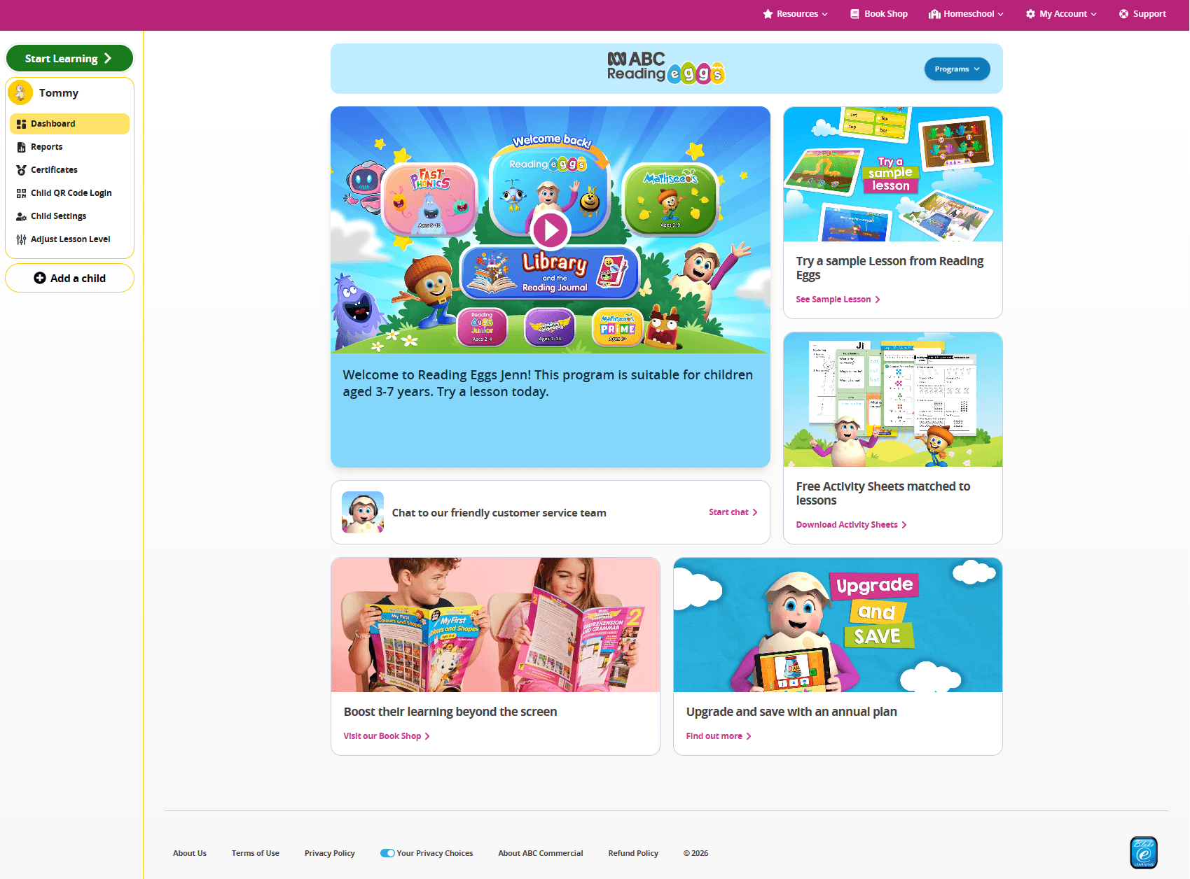 screenshots demonstrating how to add a child to a Reading Eggs account through the Family Dashboard