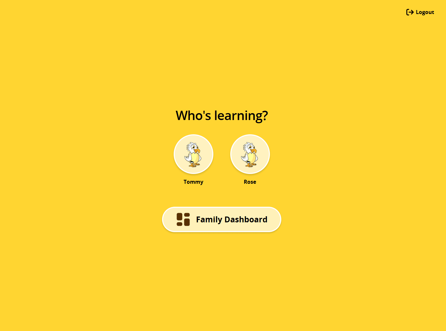 Reading Eggs Who’s Learning screen showing child profiles and the Family Dashboard button.