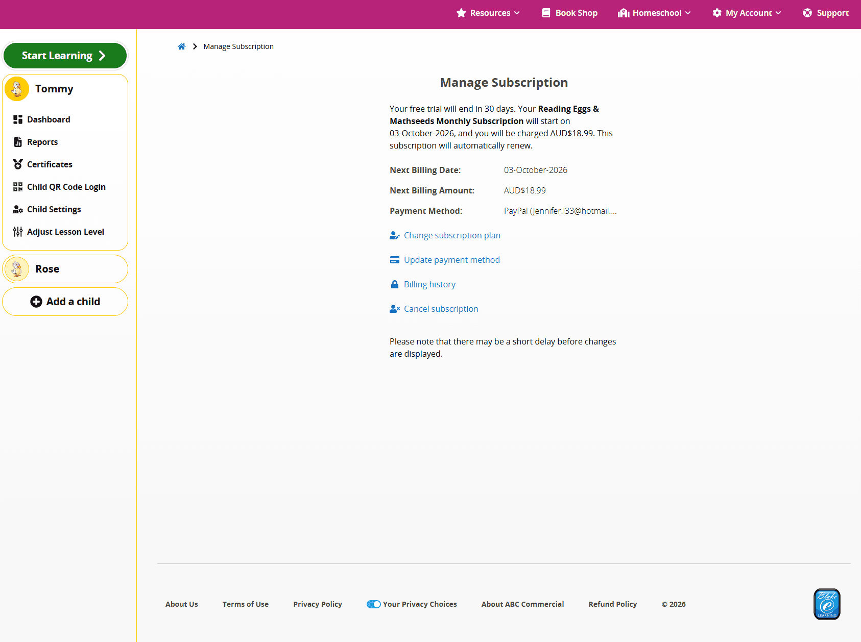 Reading Eggs Family Dashboard showing subscription details and options to change the plan, update payment details, view billing history or cancel.