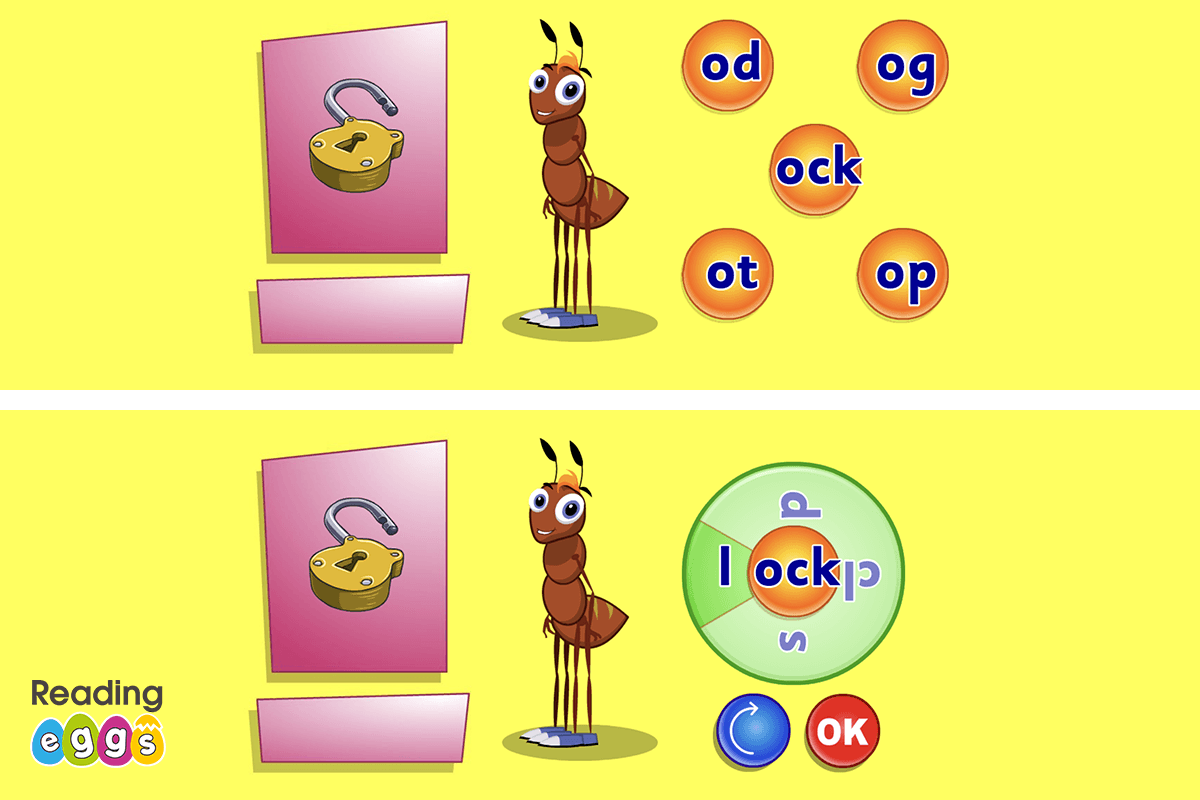 Screenshots of Lesson 60 in Reading Eggs teaching children to identify the rime (ock) and then the onset (l) in the word lock.