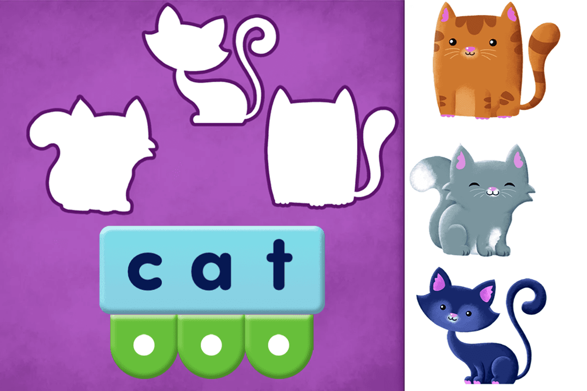 The Sound Buttons phonemic awareness activity in Reading Eggs Junior where children hear the letters that make up simple words such as 'cat'