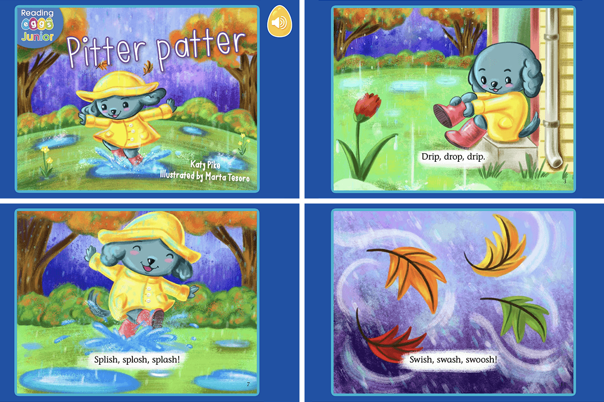 Screenshots from the Pitter Patter read-aloud book in Reading Eggs Junior, featuring rhyming and playful sound words