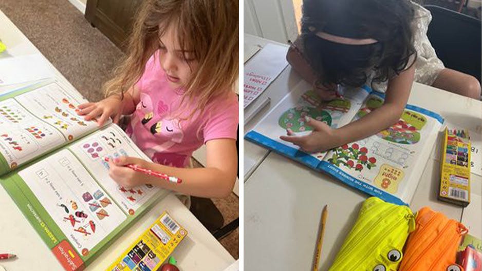 Two kindergarten [reception] girls homeschool with Reading Eggs workbooks.