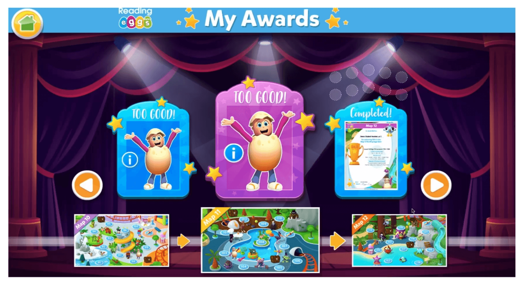 Reading Eggs "My Awards" screen showing student progress certificates and map levels, illustrating how visible progression motivates reluctant readers