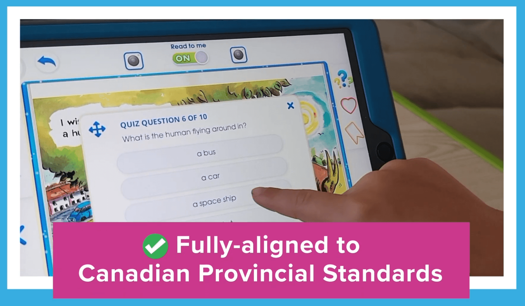Child completing a Reading Eggs reading comprehension quiz on a tablet, showing alignment to Canadian provincial standards