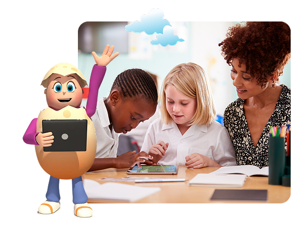 A teacher helping a young student use the Reading Eggs learning app on a laptop, with the Reading Eggs bee character in the foreground.