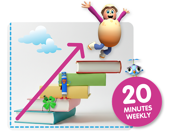 A teacher helping a young student use the Reading Eggs learning app on a laptop, with the Reading Eggs bee character in the foreground.