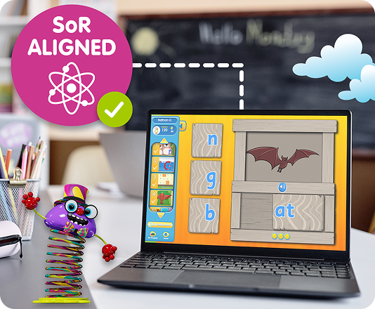 Laptop displaying a “Lexile Levels and Growth” dashboard with charts and data, alongside a cartoon character holding a Quality Pedagogy Certificate, with a blurred classroom background.