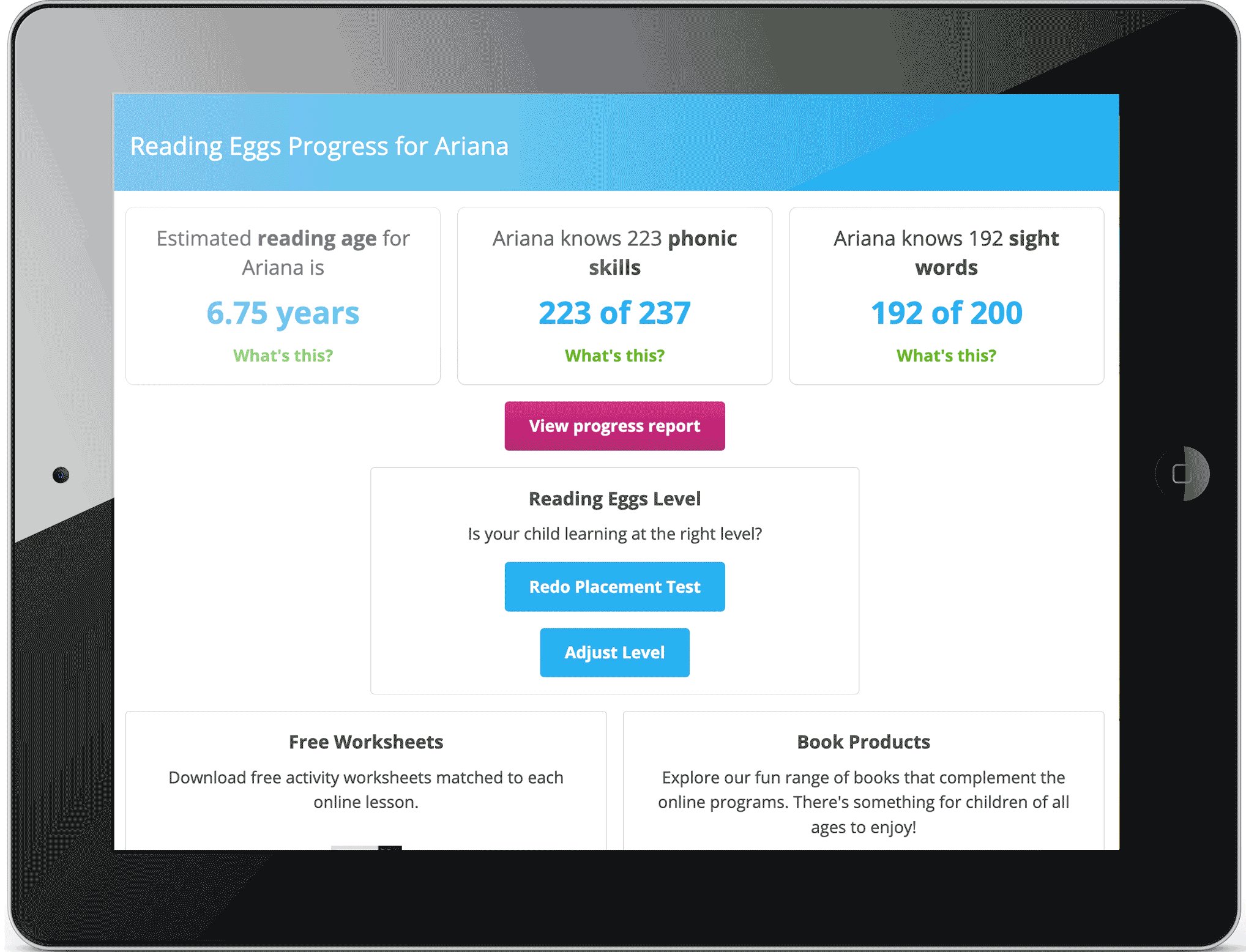 ipad showing reading age test