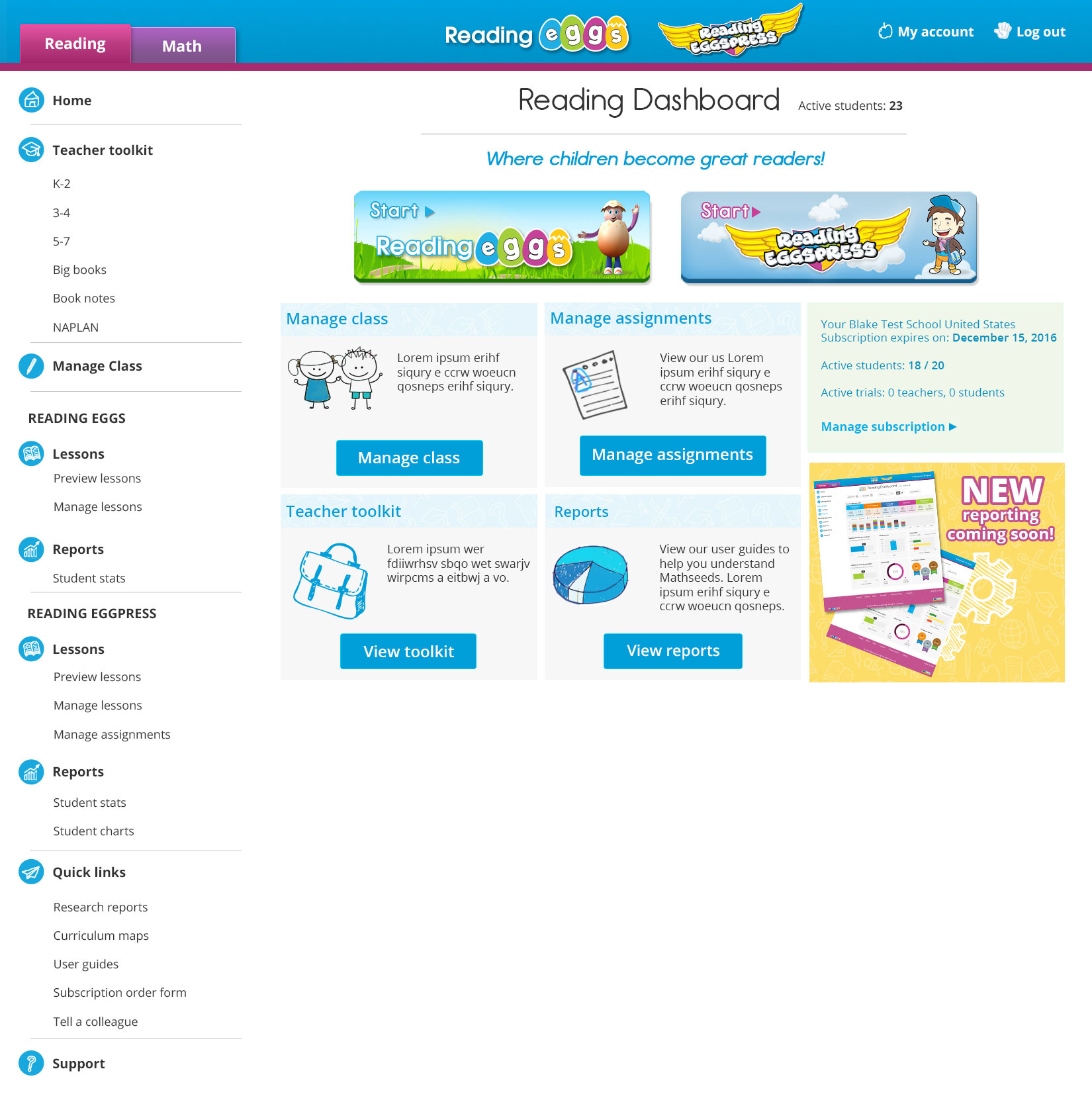 New Reading Eggs and Reading Eggspress Teacher Dashboard