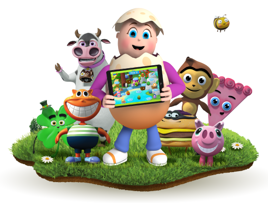 reggie and friends standing on grass,holding app displaying teaching content.